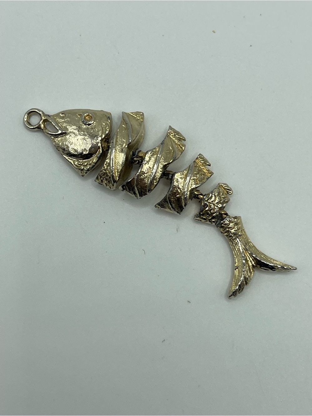 Vintage Articulated Gold Tone Fish Skeleton Pendant Charm